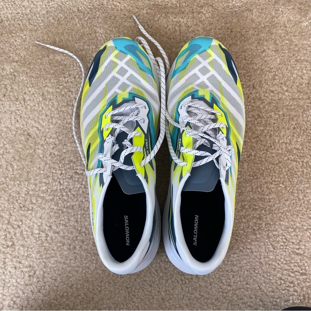 Salomon Men’s Aero Volt Running Shoes White China/Blue/Safety Yellow Size 12.5 - Picture 2 of 10